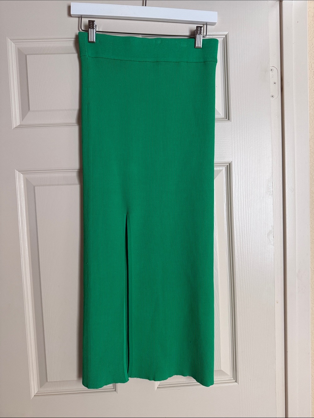 Zara Bright Green Ribbed Midi Skirt with Front Slit